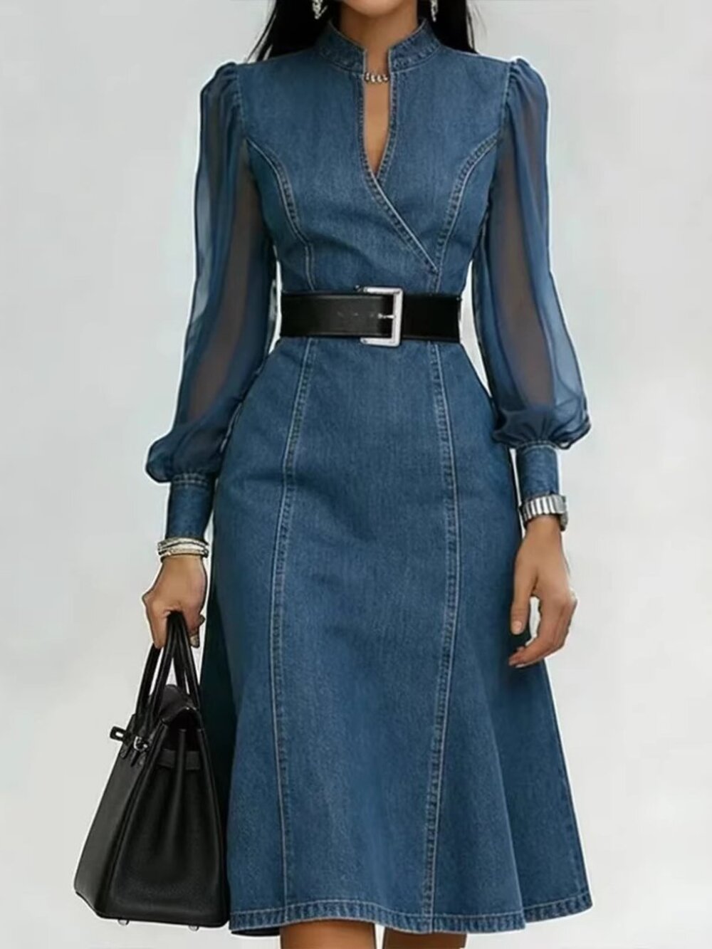 Women's Blue Color Block Maxi Dress Long Sleeve Slim Fit Casual Dress XXL